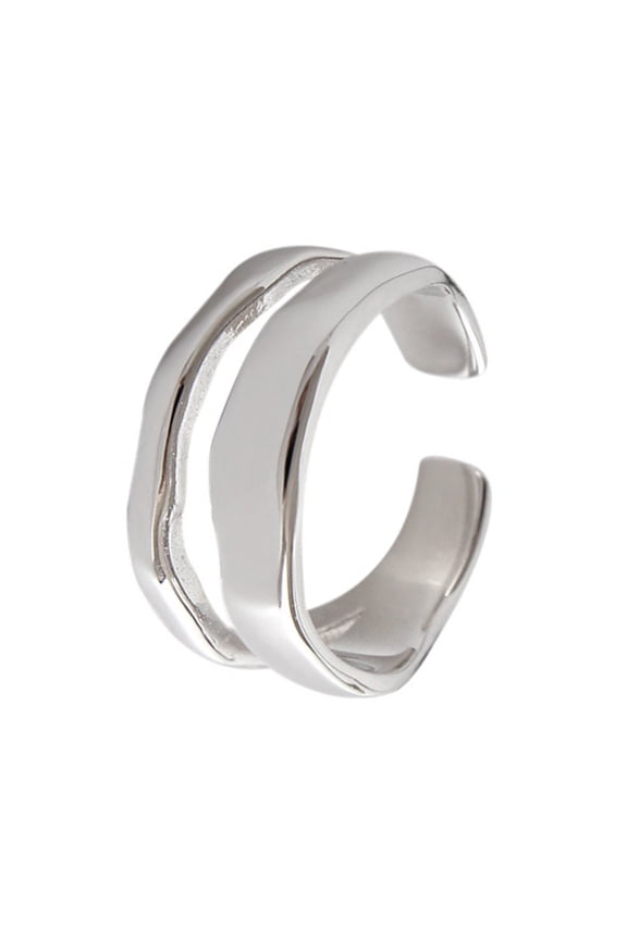 Adjustable Opening Wave Ring, ZzCityTK Double Geometric Ring for Everyday Wear, Lightweight Comfortable Jewelry Gift for Her with .9mm Inner Diameter, Silver