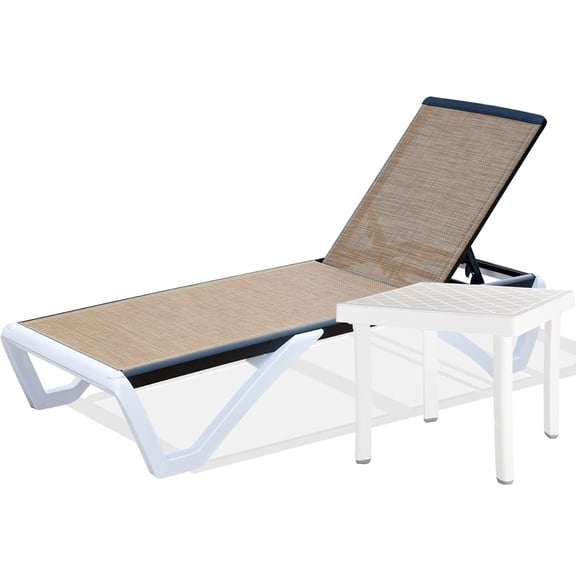 Adjustable Outdoor Chaise Lounge Chair with Table, Aluminum Pool Lounge Chair, 5-Position Reclining Poolside Lounger, All-Weather Textilene Deck and Backyard Sun Lounger, Brown