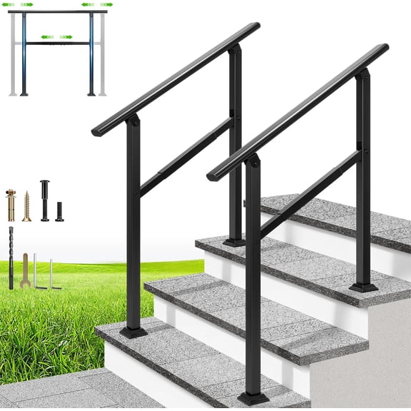 Adjustable Outdoor Handrails - Durable Galvanized Steel, Black Oval Design for Porch, Deck & Stairs, 2-Pack 3 Steps