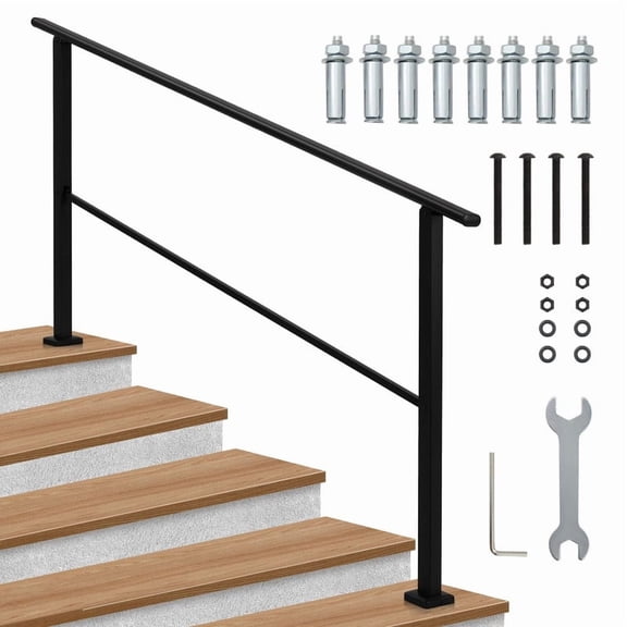 Adjustable Outdoor Handrails, Durable Metal Stair Railing for Porch, Deck & Stairs, 5 Steps, Black