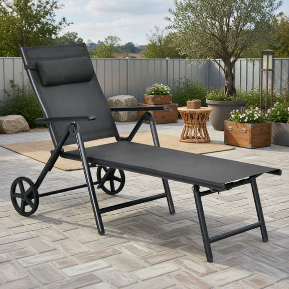 Adjustable Outdoor Lounge Chair with Wheels, Aluminum Frame, Neck Pillow & 7-Position Reclining Backrest Gray Patio Lounger for Backyard, Poolside & Deck