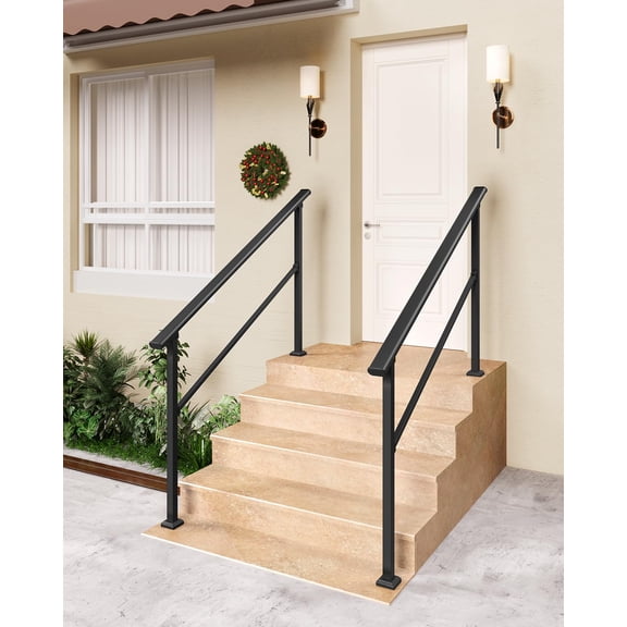 Adjustable Outdoor Metal Handrail for 2-5 Steps – Glossy Black Stair Railing Kit for Porch, Deck or Concrete Steps, Non-Slip Banister for Seniors – Step 3 | Glossy Black | Pair with Gloves