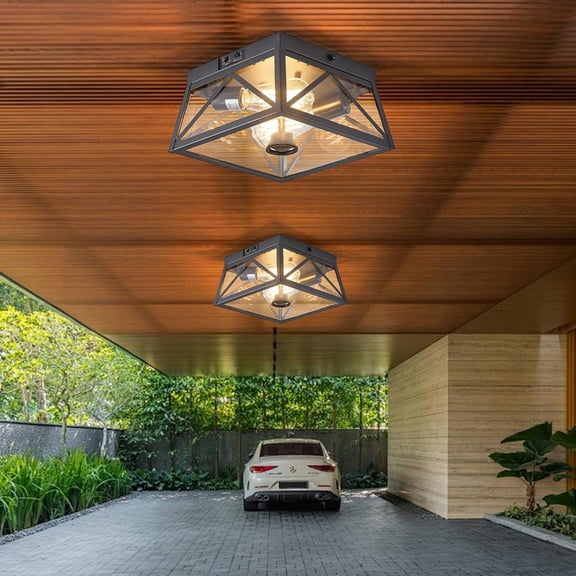 Adjustable Outdoor Motion Sensor Ceiling Light, 10" Modern Industrial Design of Squares Flush Mount 2-Light with Clear Glass for Your Porch, Garage, , Hallway, Entryway