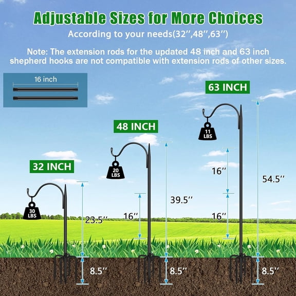 Adjustable Outdoor Shepherd's Hook Bird Feeder Pole with 5 Prong Base, 60 Inches High, 5/8 Inch Thick, Heavy Duty Shepherd's Hook Bracket for Hanging Bird Feeders, Plant Baskets