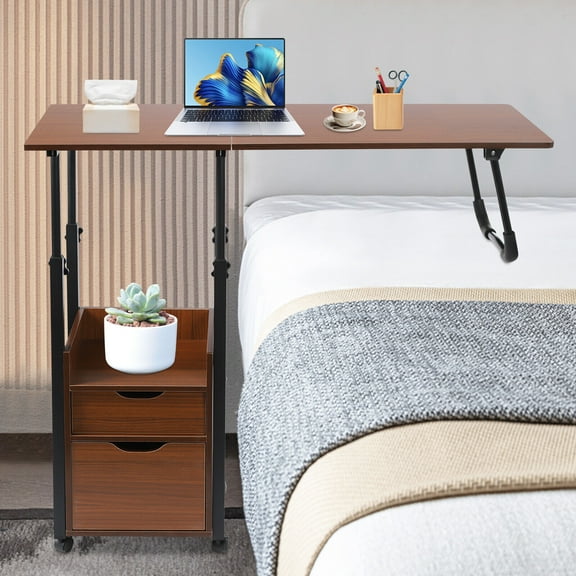 1 PCS Overbed Table with Wheels, Movable Bedside Table, Height Adjustable Over Bed Desk,Black+ Oak Color, About 20kg/44.09 lbs Load-capacity