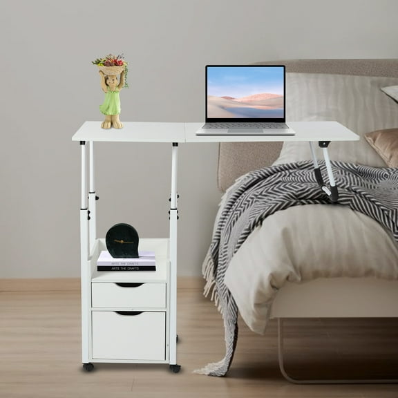 Adjustable Over-Bed Table with Foldable Top, Storage Drawer, and Movable Wheels  Ideal for Laptop, Study, and Bedside Use  Modern White Design