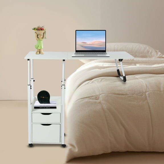 Adjustable Over-Bed Table with Foldable Top, Storage Drawer, and Movable Wheels Ideal for Laptop, Study, and Bedside Use Modern White Design