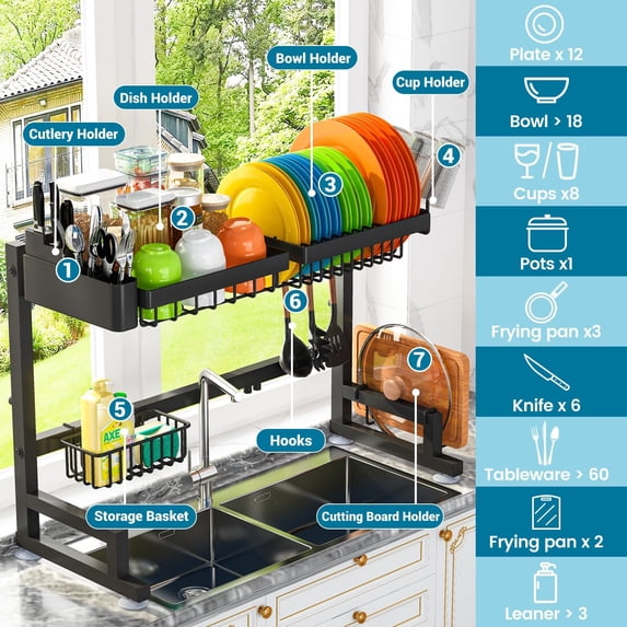 Adjustable Over Sink Dish Drying Rack 24.5-35.5 Inches Expandable Stainless Steel Kitchen Organizer