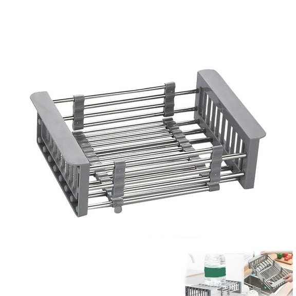 Adjustable Over-Sink Dish Rack, Extendable Kitchen Drying Rack for Plates, Bowls, Fruits & Vegetables, Stainless Steel Countertop Organizer, Space-Saving, Gray 11.81×8.66 in