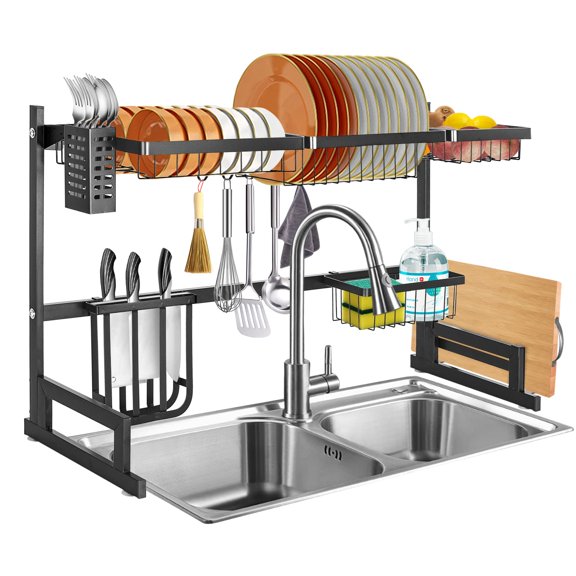 Adjustable Over Sink Dish Rack With Utensil Holder And Cutting Board