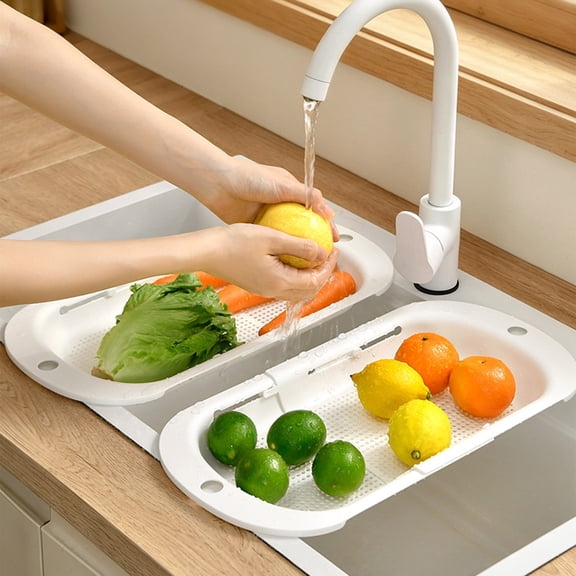 Adjustable Over Sink Drying Rack, Expandable Drainage Basket for Vegetables Fruit, Fits Most Sinks up to 14.57 Inch for Food Prep