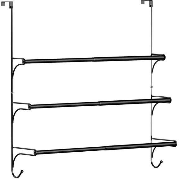 Adjustable Over The Door Triple Towel Rack with Hooks,Black
