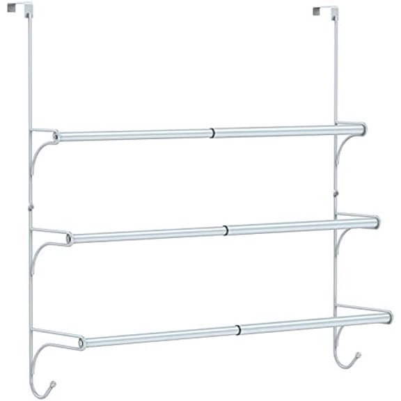 Adjustable Over The Door Triple Towel Rack with Hooks,Silver