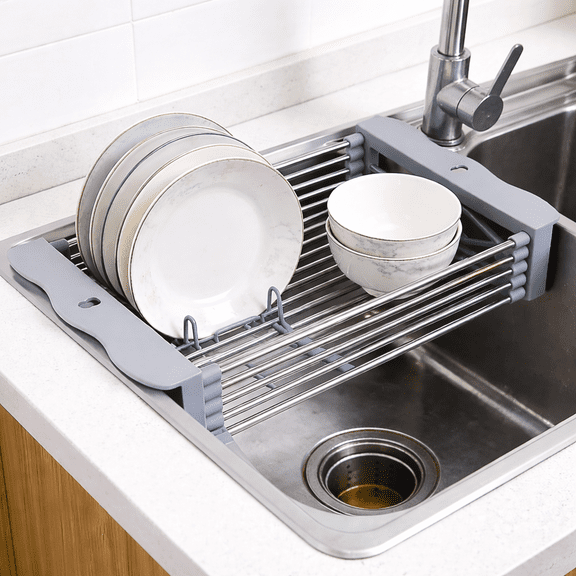 Adjustable Over-The-Sink Dish Drying Rack with Stainless Steel Drain Basket - Portable & Telescopic Space-Saving Solution for fruit vegetable