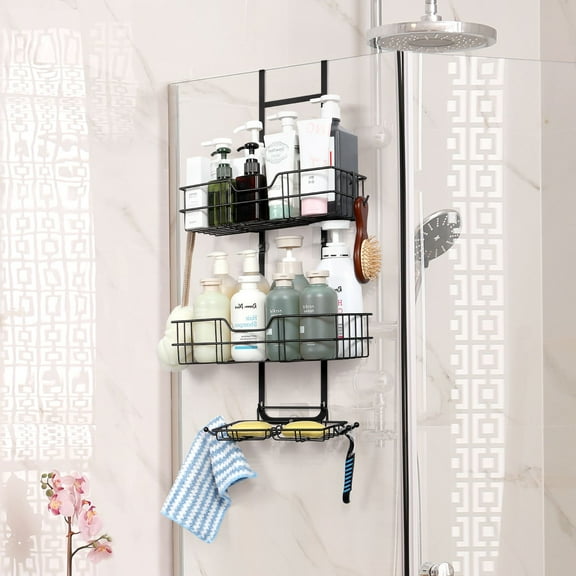 Adjustable Over-the-Door Shower Caddy with 3-Layer Shelves, Hooks & Rustproof Design - Hanging Bathroom Organizer for Toiletries Storage