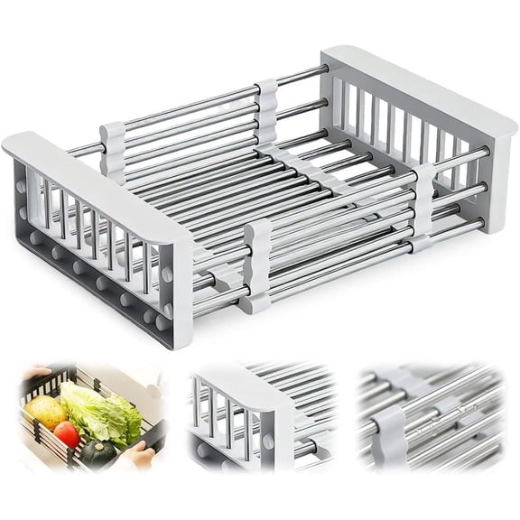Adjustable Over the Sink Dish Drying Rack, Stainless Steel Drain Basket for Vegetable & Dish