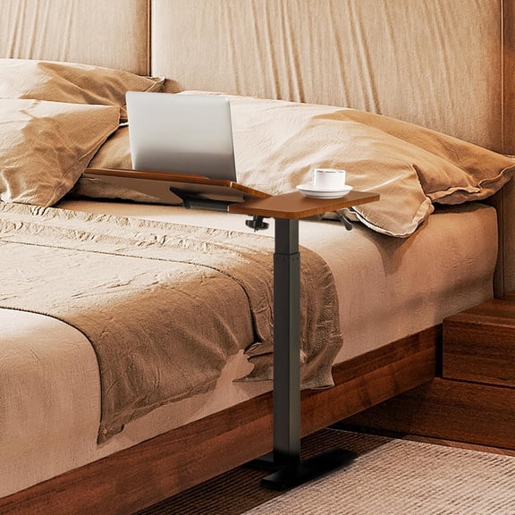 Adjustable Overbed Bedside Table with Hidden Wheels, Pneumatic Tilt Board Rolling Laptop Standing Desk Cart, Mobile Over Bed Sofa Chair Side End Tables, Walnut (Walnut)
