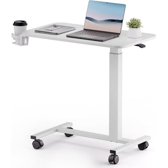 Adjustable Overbed Bedside Table with Lockable Wheels, Pneumatic Mobile Standing Laptop Desk, Small Standing Desk Portable Rolling Overbed Table Hospital Home Use(28" W x 16" D, Black)