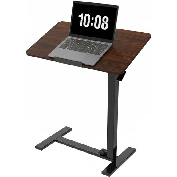 Adjustable Overbed Bedside Table with Pneumatic Height Adjustment, Mobile Standing Desk with Hidden Silent Casters, Portable Computer Workstation Cart for Bed Couch Sofa Office