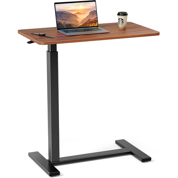 Adjustable Overbed Bedside Table,Pneumatic Mobile Laptop Computer Standing Desk Cart with Tray, Hospital and Home Use,Brown (Brown)