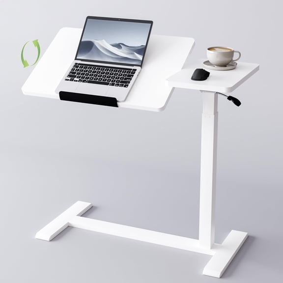 Pneumatic Adjustable Overbed Table with Rolling Wheels, Mobile Laptop Standing Desk, Movable Couch & Hospital Bedside Cart, White