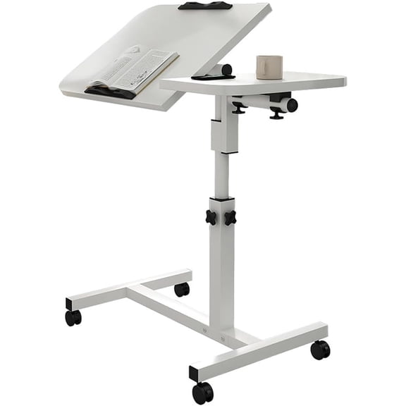 Adjustable Overbed Table with Wheels 23.637.4 in Height, 090 Tilting Surface, Rolling Bedside Tray for Laptop, Meals & Reading White for Home, Office, Hospital
