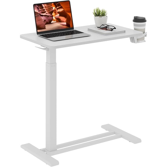 Adjustable Overbed Table w/ Hidden Casters, Mobile Pneumatic Laptop Standing Desk for Home/Hospital, White