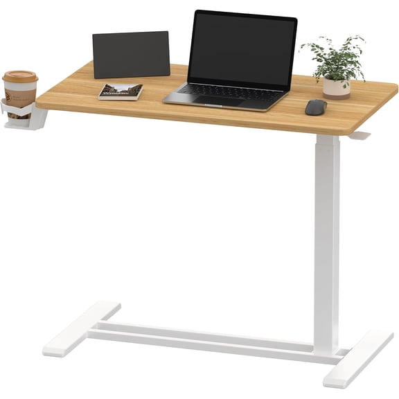 Adjustable Overbed Table w/Hidden Casters, Pneumatic Mobile Laptop Desk Cart, Hospital & Home Use (31.5"W x 17.7"D, Maple)