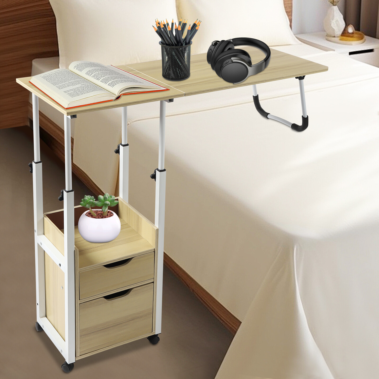 Adjustable Overbed Table with Foldable Top, Drawer Storage & Wheels ...