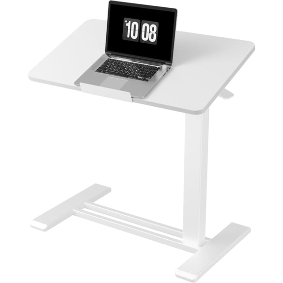 Adjustable Overbed Table with Pneumatic Lift, Tiltable Desktop, Wheels, and Foldable Design (27.6" W x 15.7" D, White)