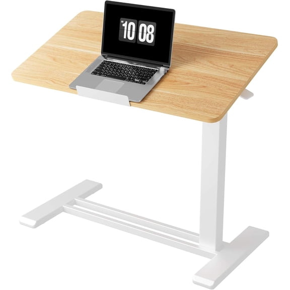Adjustable Overbed Table with Pneumatic Lift, Tiltable Desktop, Wheels, and Foldable Design (31.5" W x 17.7" D, Maple Finish)