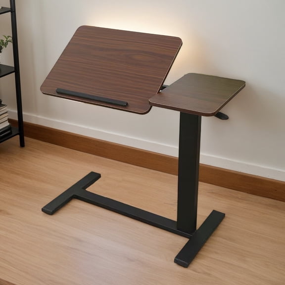 Adjustable Overbed Table with Wheels - Height Adjustable Bedside Table with Tilt Top, Mobile Work & Meal Tray for Bed & Sofa, Walnut+Black
