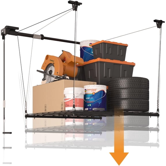 Adjustable Overhead Garage Storage Rack, 4x4ft Garage Ceiling Storage Lift, Heavy Duty Garage Storage Lift System With 300lbs Weight Capacity, Perfect for Kayaks, Ladders