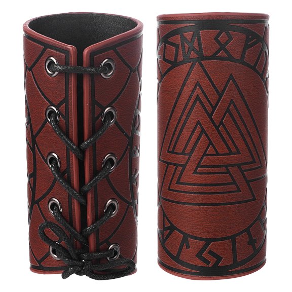 Adjustable PU Leather Cord Bracelet with Wax Cord Words Odin Norse Amulet Gauntlet Wristband Cuff Wrist Guard for Men Coconut Brown