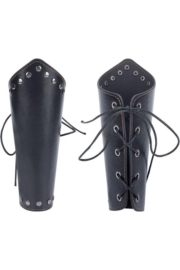 Adjustable PU Leather Cord Bracelets with Wax Cord and Iron Finding Gauntlet Wristband Cuff Wrist Guard Black 22x25x0.23cm