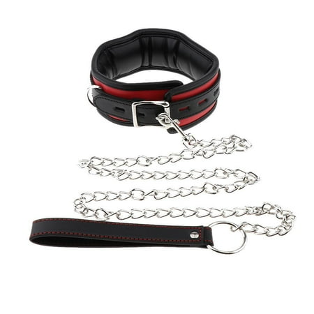 Adjustable Pad Leather Collar Choker with Chain Detachable Leash black