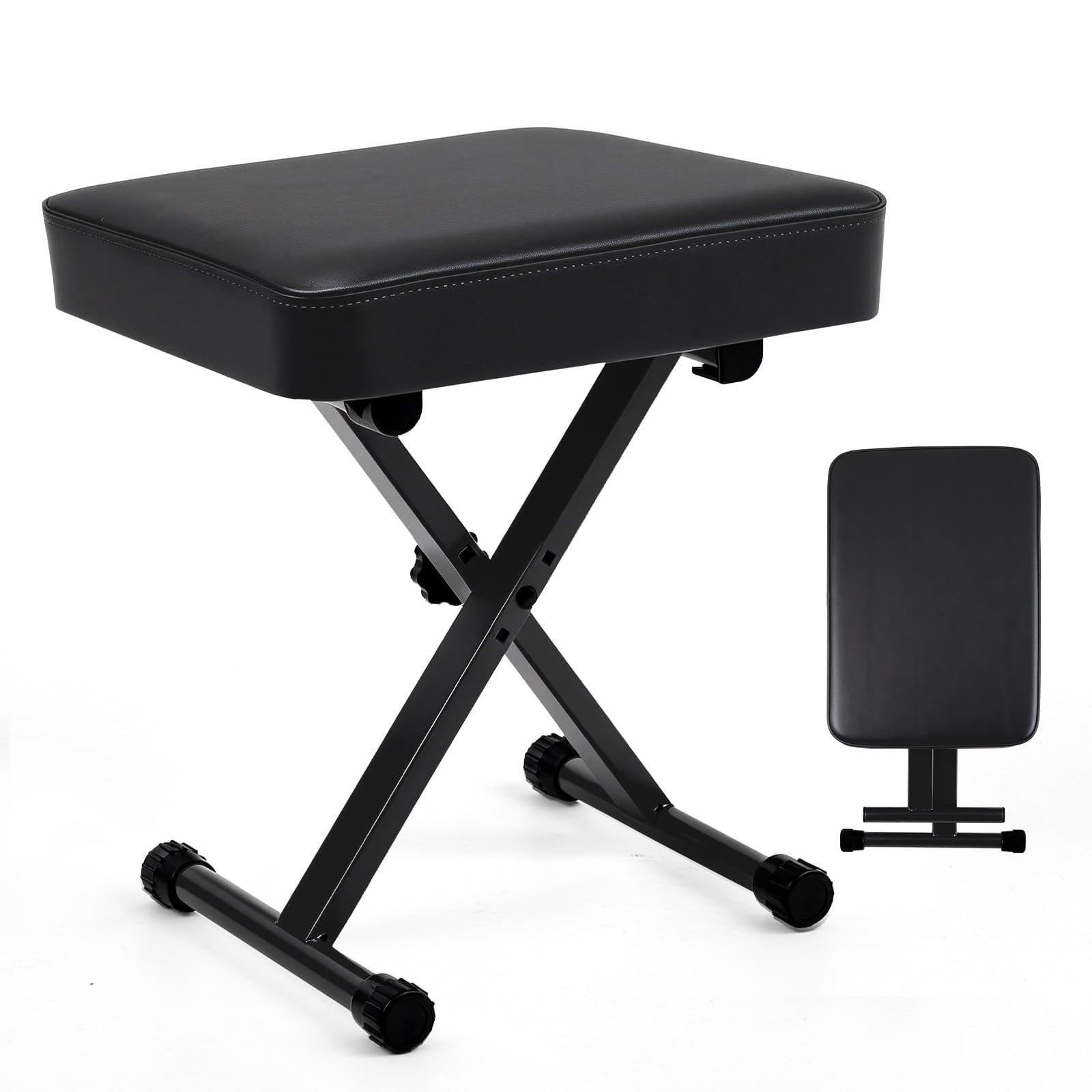 Adjustable Padded Keyboard Bench  X-style Collapsible Piano Guitar Stool With 2.56 Inch Thickness High-density Sponge And 3-position Height Waterproof Non-skid Design Black