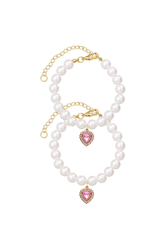 Adjustable Pearl Beaded Pet Necklace with Heart Pendant & Extension Chain for Dogs Cats Various Neck Sizes Comfortable Daily Wear Special Occasions