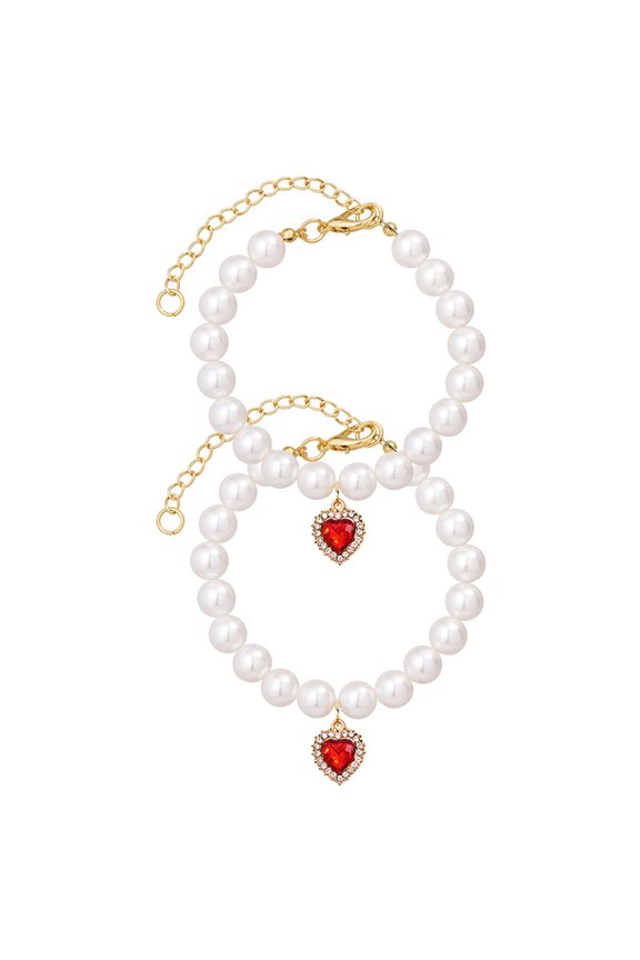 Adjustable Pearl Beaded Pet Necklace with Heart Pendant & Extension Chain for Dogs Cats Various Neck Sizes Comfortable Daily Wear Special Occasions
