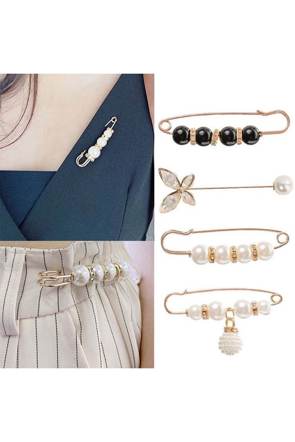 Adjustable Pearl Brooch Set | Quick-Change No-Sew Waistband Button | Snap-On Instant Pants Extender | Seamless Waist Size Adjuster | 4 Pack