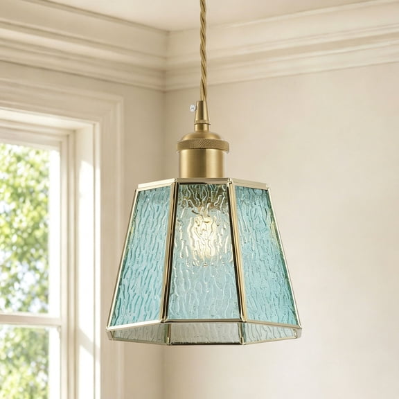 Adjustable Pendant Light with Blue Textured Glass Lampshade Artistic Hanging Light Fixture for Kitchen Island, Bedroom, Dining Room