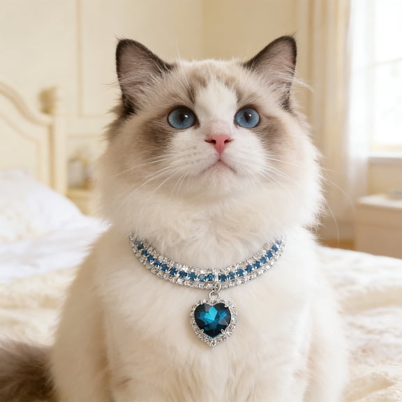 Adjustable Pet Collar with Crystal Rhinestones, QQZ Secure Heart Design Dog Cat Necklace, Sparkling Party Fashion Jewelry Accessory for Small Medium Pets, Blue