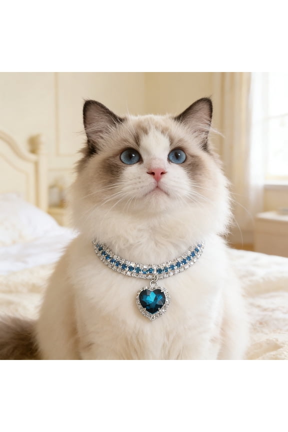 Adjustable Pet Collar with Crystal Rhinestones, QQZ Secure Heart Design Dog Cat Necklace, Sparkling Party Fashion Jewelry Accessory for Small Medium Pets, Blue
