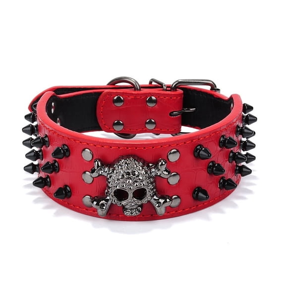 Adjustable Pet Collars Dog Neck Strap PU Leather Dog Collar Skull Spike Rivets Cool Punk Pet Necklace Studded Leather Neck Belts (Red,L-(53-61CM))