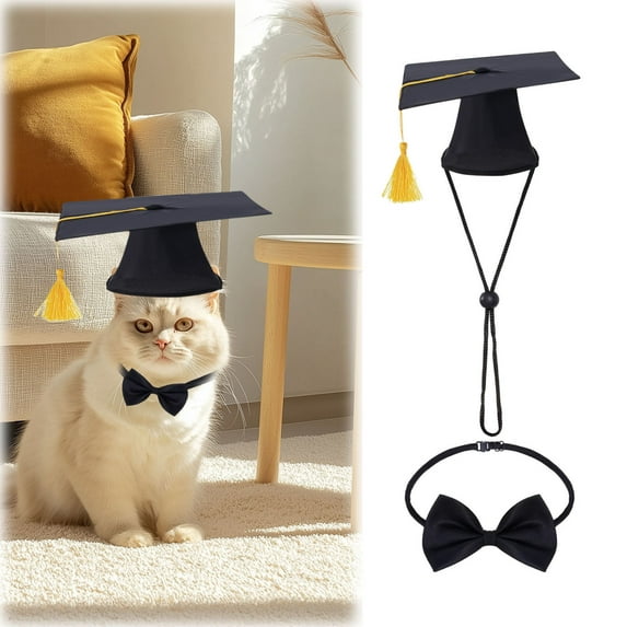Pet Graduation Cap with Bow Tie and Yellow Tassel Dog Cat Accessory for Small Animals Photo Prop Holiday Outfit