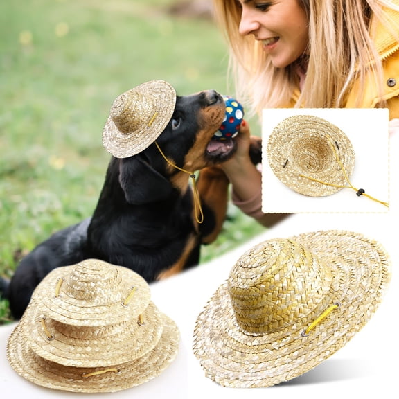 Adjustable Pet Straw Hat, Sun Protection for Small Dogs and Cats, Garden Beach Cap with Chin Strap Beige