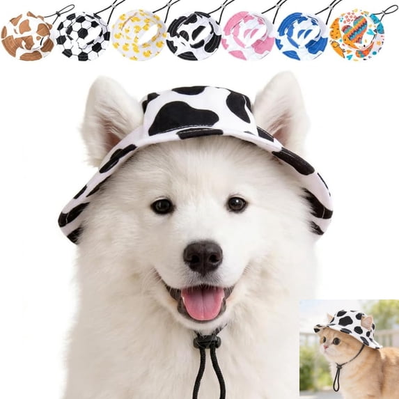 Adjustable Pet Sun Bucket Hat with Ear Holes, Breathable Dog & Cat Bonnet for Summer Beach Outdoor Walks ,Cow, Large