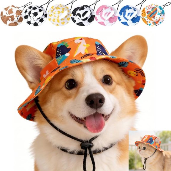 Adjustable Pet Sun Bucket Hat with Ear Holes, Breathable Dog & Cat Bonnet for Summer Beach Outdoor Walks ,Orange, Small