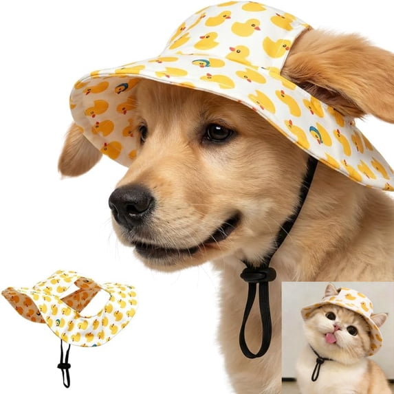 Adjustable Pet Sun Bucket Hat with Ear Holes, Breathable Dog & Cat Bonnet for Summer Beach Outdoor Walks ,Yellow, Small