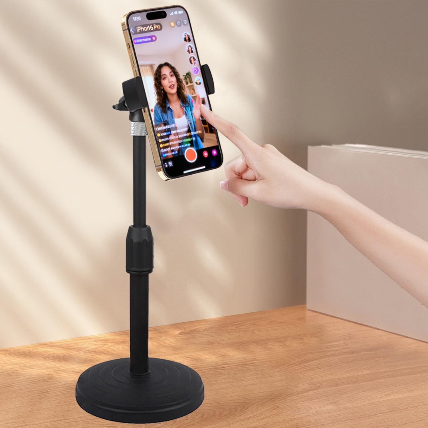 Adjustable Phone Stand for Desk, Height & Angle Adjustable Cell Phone Holder with Heavy Base, 360° Rotating Desktop Stand for Video Recording, FaceTime, TikTok, Zoom, Compatible with iPhone & Android